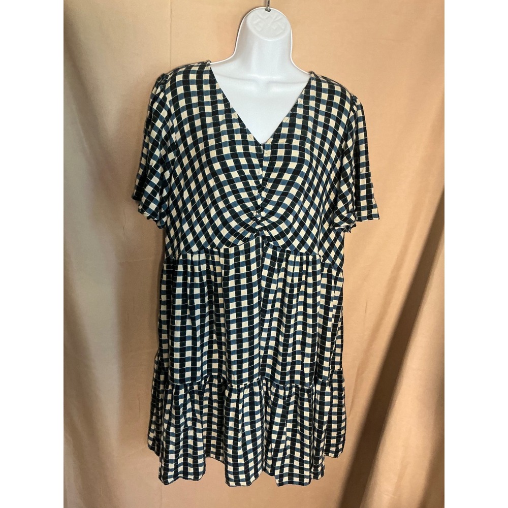 Ava & Viv Gingham Tiered Babydoll Dress Womens Size X Blue Black Excellent Smock